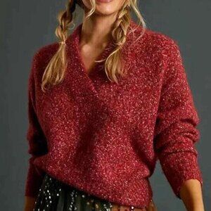 Anthropologie Short/Cropped Francis Shimmer Burgundy Shaw Neck Sweater Size M